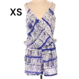 XS Karina Grimaldi romper shorts, blue & white pattern, sleeveless, open T-back